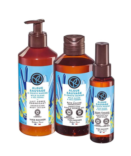 Yves Rocher Wild Algae & Sea Fennel Shower Gel Body Nourishing Milk Perfumed Spray Mist Women Day Care 200 ml./6.7fl.oz. 390 ml./13.2 fl.oz. 100 ml./3.3 fl.oz. Set of 3 Best Gift Kit