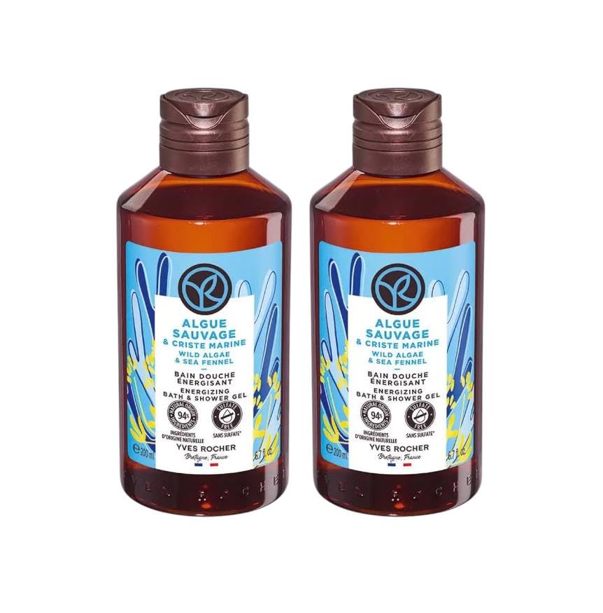 Yves Rocher Wild Algae & Sea Fennel Nourishing Shower Gel Bath & Body Routine Women Men Day Care 200 ml./6.7 fl.oz. Set of 2 Best Gift Kit