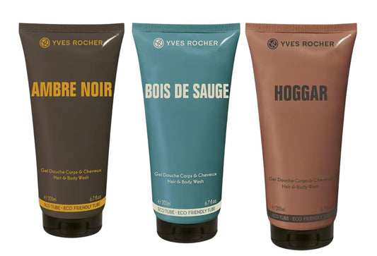 Yves Rocher Men's Hair & Body Wash Set – Ambre Noir, Hoggar & Bois de Sauge Each – All-in-One Cleansing, Invigorating Scents, Long-Lasting Fragrance 200ml / 6.7 flOz