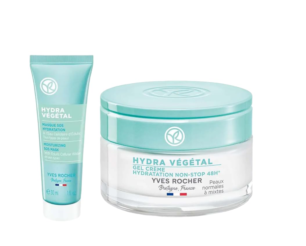 Yves Rocher Hydra Vegetal SOS Face Mask Deep Skin Hydration 48h Non-Stop Moisturizing Gel Cream Set of 2-50 ml./1.7 fl.oz. and 30 ml./1 fl.oz.
