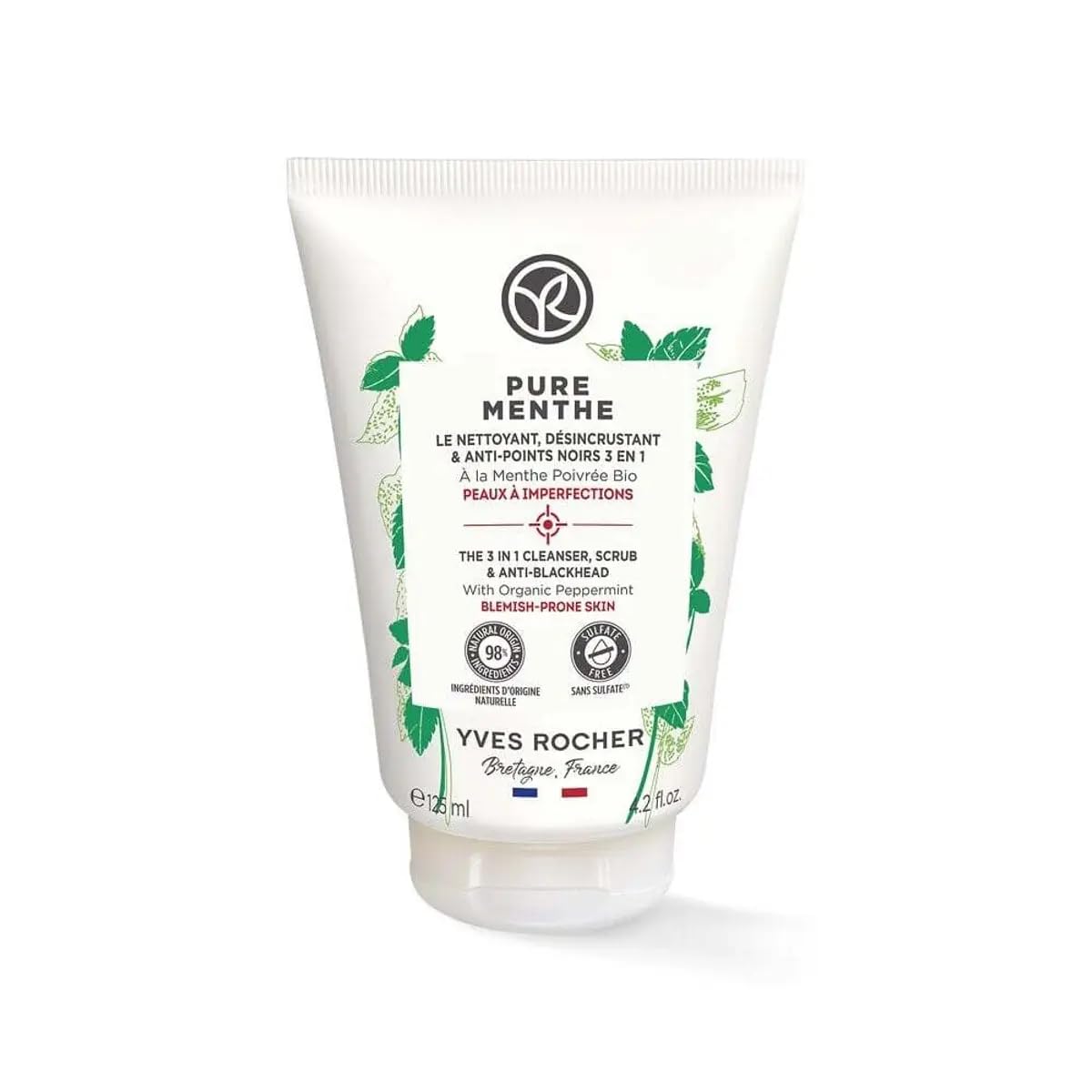 Yves Rocher 3-in-1 Pore-Cleansing Gel Scrub with Mint Deep Cleansing & Exfoliation for Matte Skin Purifies Without Drying – 125ml / 4.2 fl.oz.